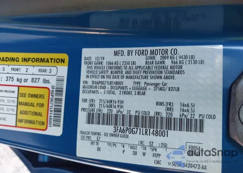 2020 Ford Fusion S из США, поврежденный, VIN 3FA6P0G71LR148001